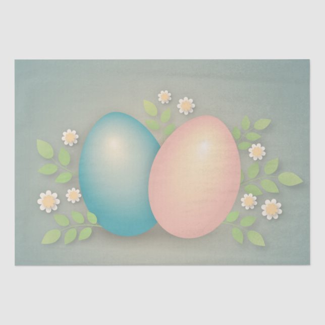 Happy Easter eggs and spring flowers soft blue  Tissue Paper (Front)