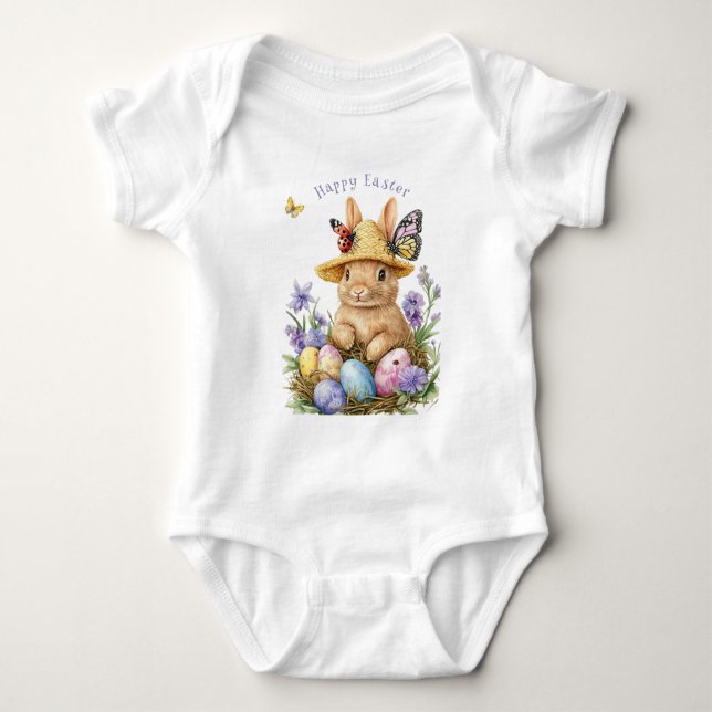 Happy Easter Eggs Bunny Butterflies Baby Bodysuit (Front)