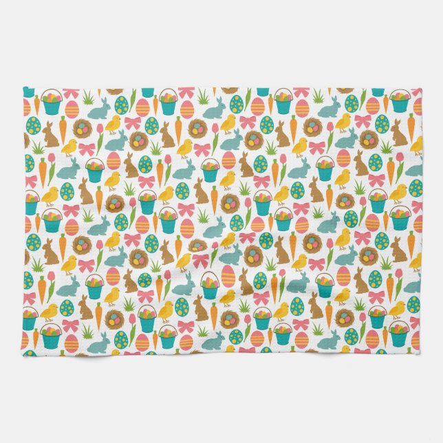 Happy Easter Eggs Bunny Chicks Patten  Tea Towel (Horizontal)
