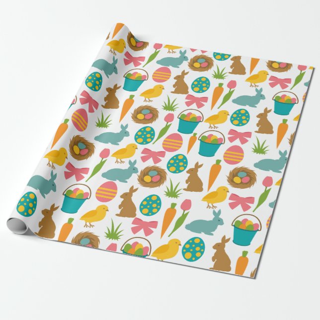 Happy Easter Eggs Bunny Chicks Patten Wrapping Paper (Unrolled)