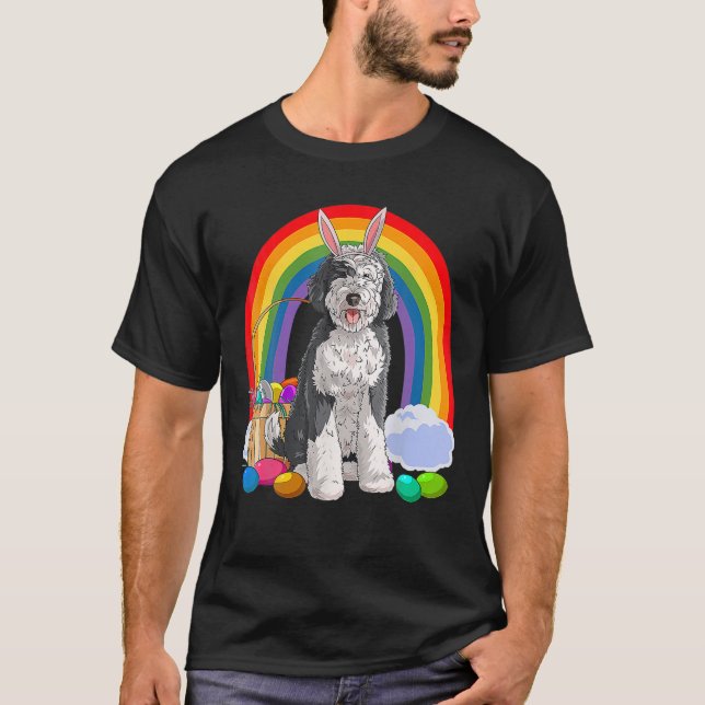 Happy Easter Eggs Bunny Dog Sheepadoodle T-Shirt (Front)