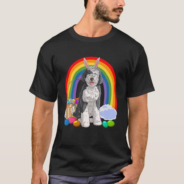 Happy Easter Eggs Bunny Dog Sheepadoodle T-Shirt (Front)