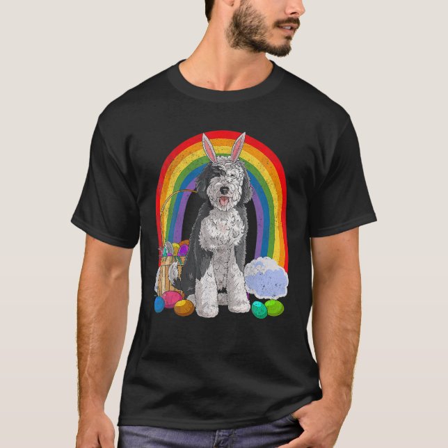 Happy Easter Eggs Bunny Dog Sheepadoodle T-Shirt (Front)
