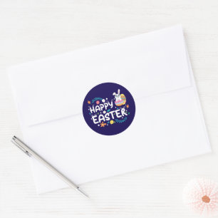 Happy Easter, Eggs, Bunny & Flowers Classic Round Sticker