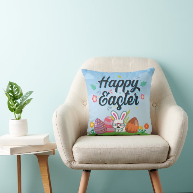 Happy Easter Eggs Bunny & Flowers Cushion (Chair)