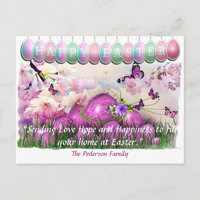 Happy Easter Eggs Colourful Spring Garden Flowers  Postcard (Front)
