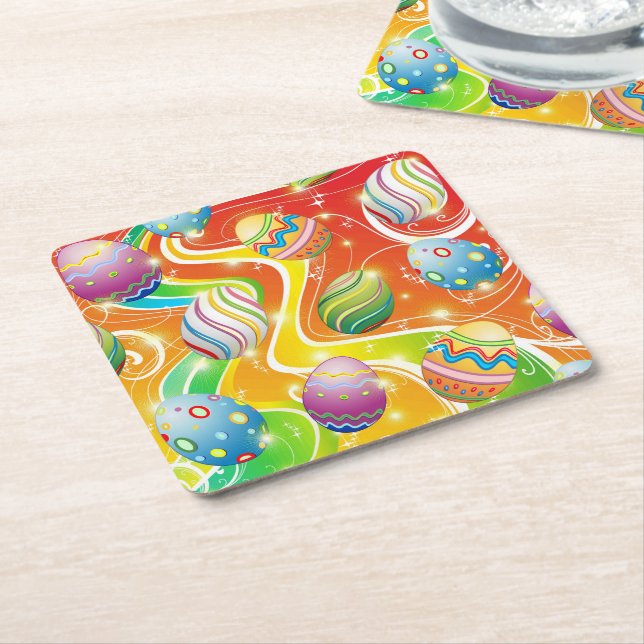 Happy Easter Eggs Festive Pattern Square Paper Coaster (Angled)