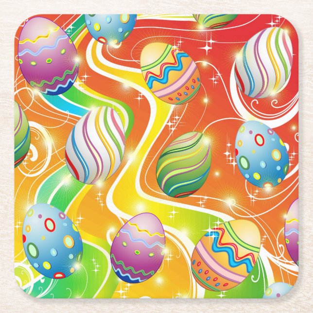Happy Easter Eggs Festive Pattern Square Paper Coaster (Front)