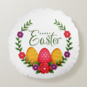 Happy Easter Eggs Flowers-23798 Round Cushion