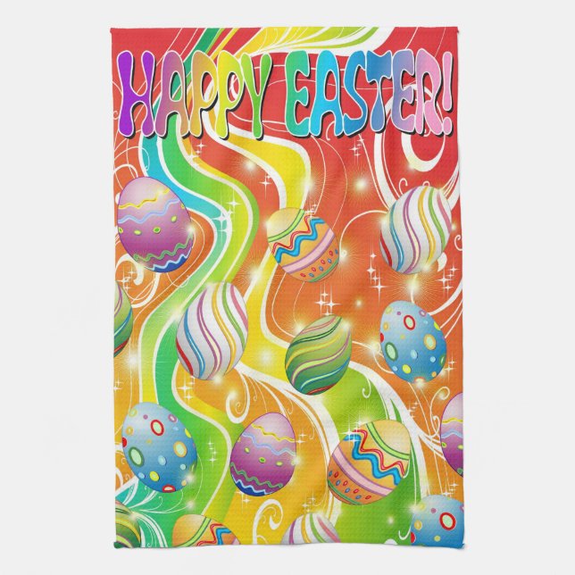 Happy Easter Eggs Ornamental Design Tea Towel (Vertical)