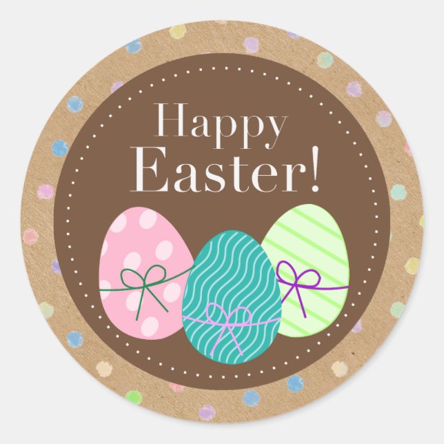 Happy Easter Eggs Polkadots On Faux Kraft Paper Classic Round Sticker (Front)