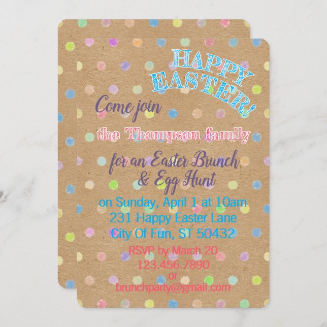 Happy Easter Eggs Polkadots On Faux Kraft Paper Invitation (Front/Back)
