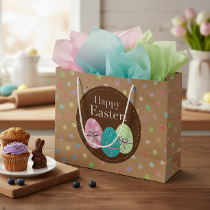 Happy Easter Eggs Polkadots On Faux Kraft Paper Large Gift Bag