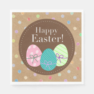 Happy Easter Eggs Polkadots On Faux Kraft Paper Napkin