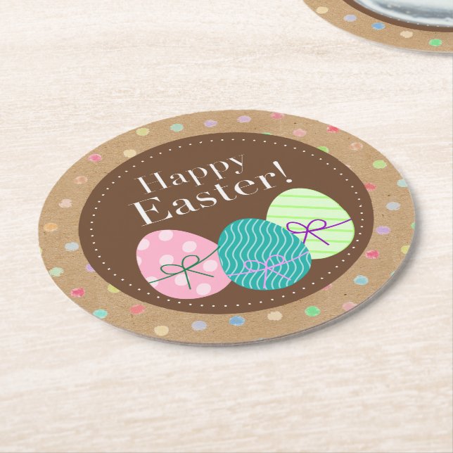 Happy Easter Eggs Polkadots On Faux Kraft Paper Round Paper Coaster (Angled)