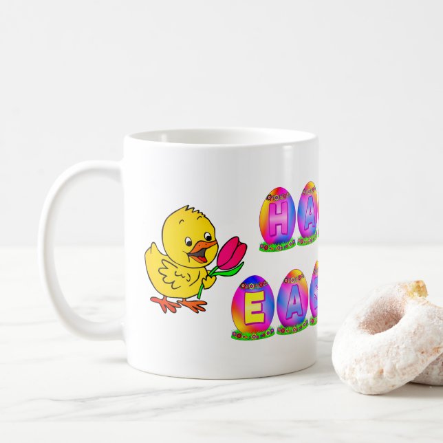 Happy Easter Eggs with Yellow Chick & Tulip Coffee Mug (With Donut)