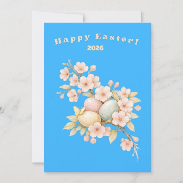Happy Easter Elegant Floral Cherry Blossom Pastel  Holiday Card (Front)