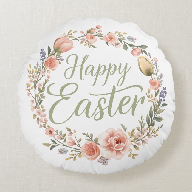 Happy Easter Elegant Floral  Round Cushion (Front)