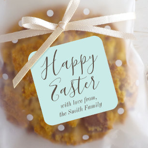 Happy Easter Elegant Script Gift Favour Blue Green Square Sticker