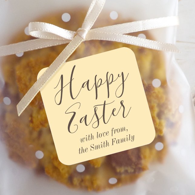 Happy Easter Elegant Script Gift Favour Yellow Square Sticker (Creator Uploaded)