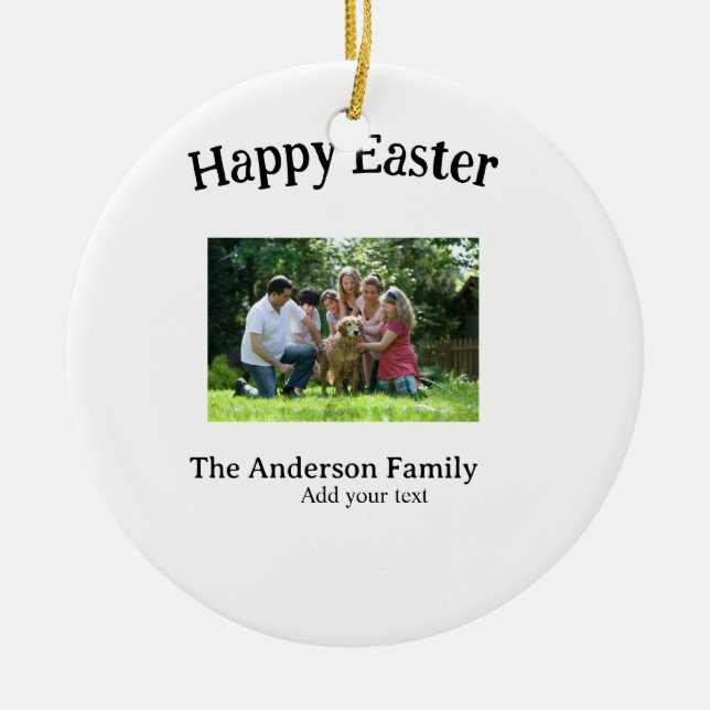 Happy Easter family photo name text reunion simple Ceramic Ornament (Front)