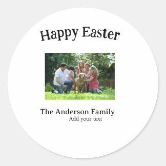 Happy Easter family photo name text reunion simple Classic Round Sticker