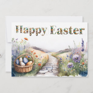 Happy Easter Field Wildflowers Easter Egg Basket Holiday Card