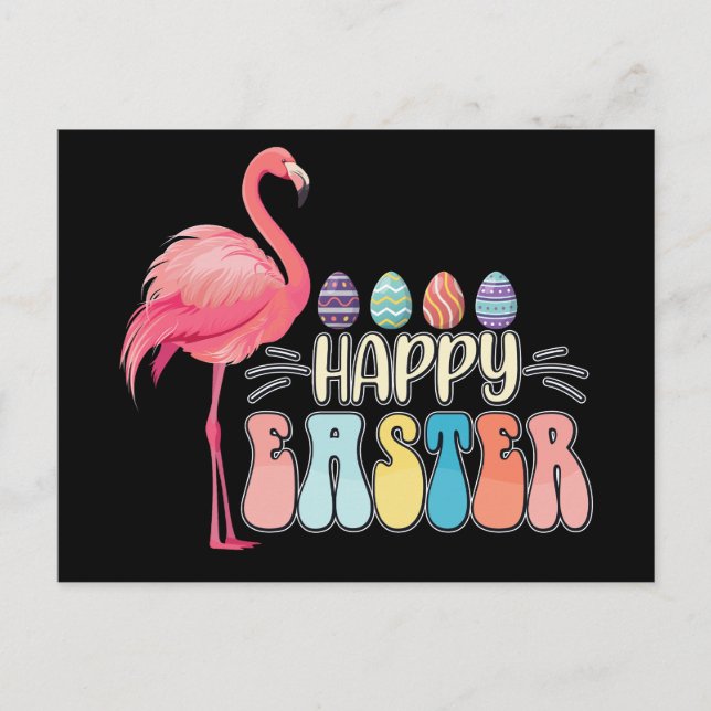 Happy Easter Flamingo Bunny Egg Basket Postcard (Front)