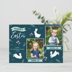 "Happy Easter" floral 2 Photo turquoise Bunny Holiday Card