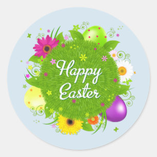 Happy Easter floral and text background Classic Round Sticker