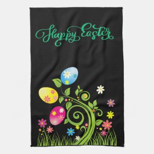 Happy Easter Floral background Tea Towel