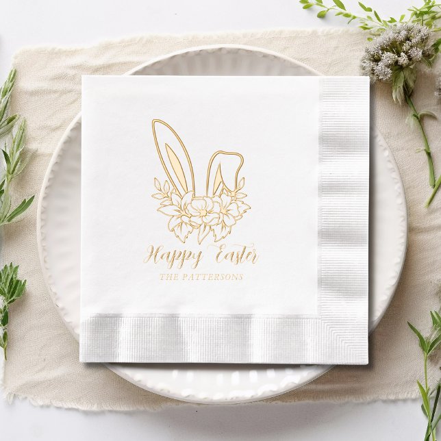 Happy Easter Floral Bunny Ears Personalised Name Foil Napkins (Creator Uploaded)