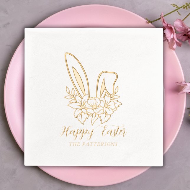 Happy Easter Floral Bunny Ears Personalised Name Foil Napkins (Creator Uploaded)
