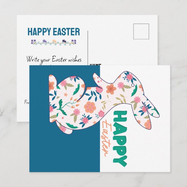 Happy Easter Floral Bunny Editable Postcard (Front/Back)