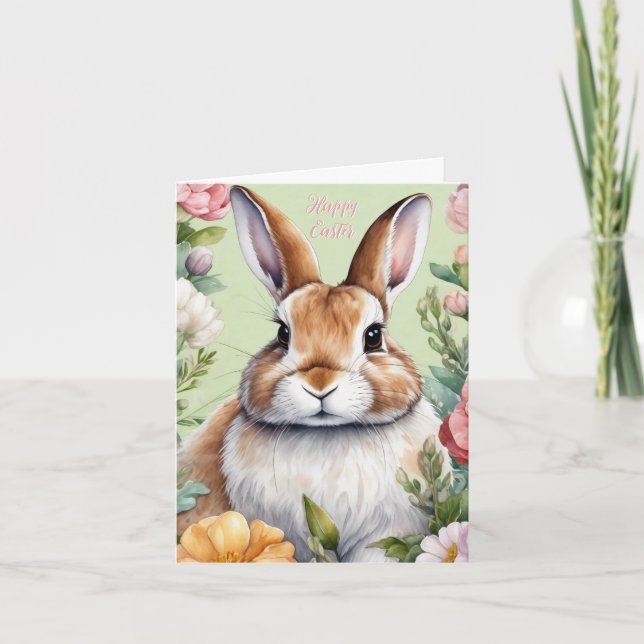 Happy Easter Floral Bunny Greeting Card (Front)