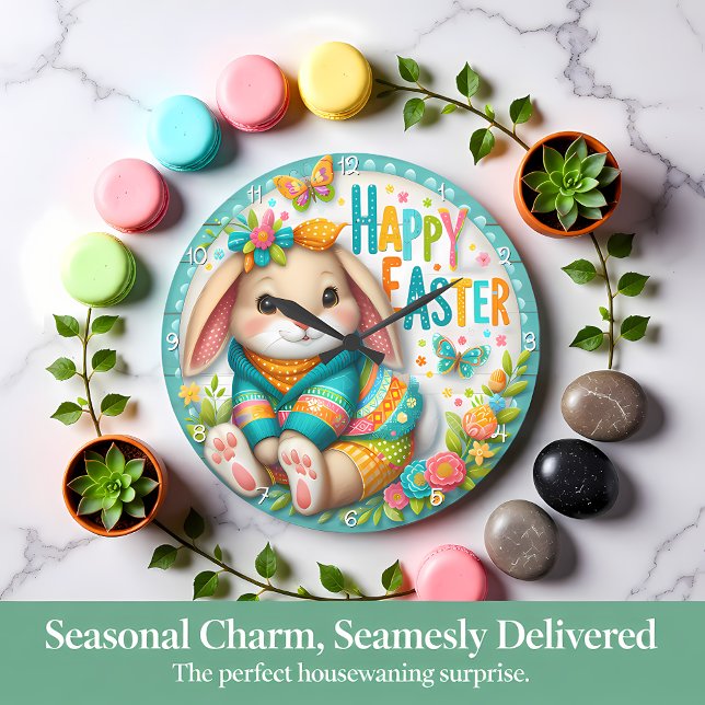 Happy Easter Floral Bunny Large Clock (Creator Uploaded)