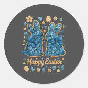 Happy Easter Floral Bunny Pair Cottage Denim Blue  Classic Round Sticker