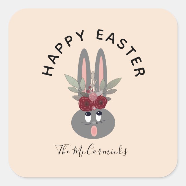 Happy Easter Floral Bunny Personalised Square Sticker (Front)