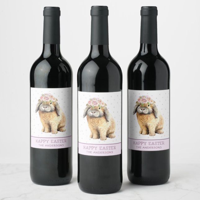 Happy Easter Floral Bunny Rabbit Personalised Name Wine Label (Bottles)