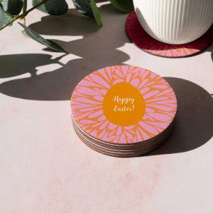 Happy Easter floral burst orange egg Round Paper Coaster