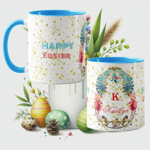 Happy Easter Floral Decorative Monogram Typography Mug
