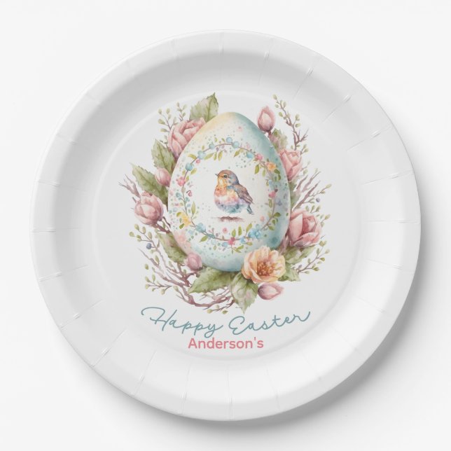 Happy Easter Floral Easter Egg Personalised Paper  Plate (Front)