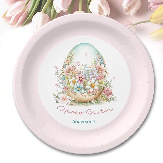 Happy Easter Floral Egg Pink Personalised Name Paper Plate (Happy Easter Floral Egg Pink Personalized Name Paper Plates)