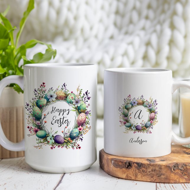 Happy Easter Floral Egg Wreath Custom Monogram Coffee Mug (Creator Uploaded)
