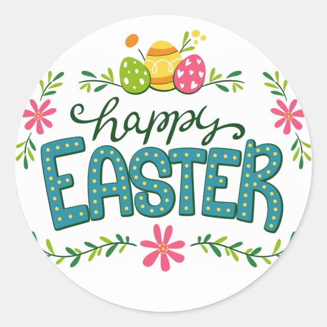 Happy Easter Floral Flowers Easter Eggs Classic Round Sticker (Front)