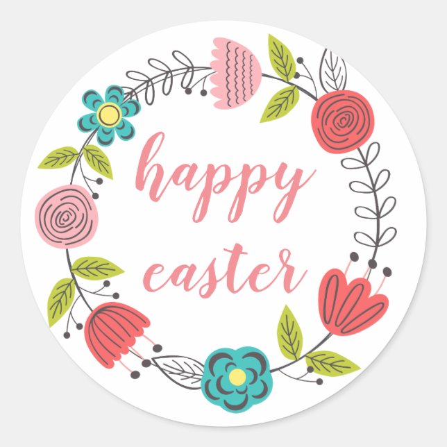 happy easter floral frame spring pastel classic round sticker (Front)