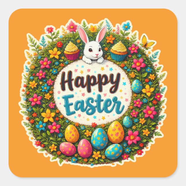 Happy Easter – Floral Spring Wreath Autocolante Square Sticker (Front)