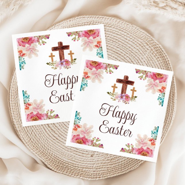 Happy Easter Floral Watercolor Religious Cross  Napkin (Happy Easter Floral Watercolor Religious Cross Napkins)