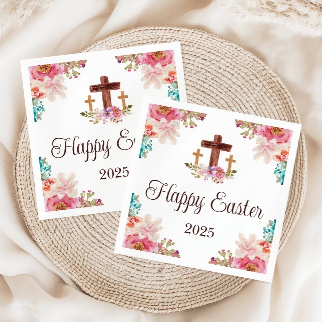 Happy Easter Floral Watercolor Religious Cross   Napkin (Happy Easter Floral Watercolor Religious Cross Napkins)