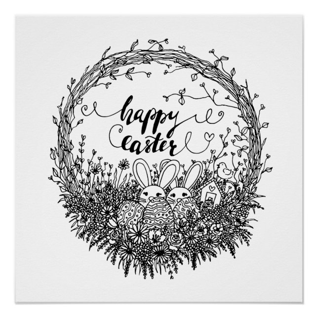 Happy Easter Floral Wreath Art Poster (Front)